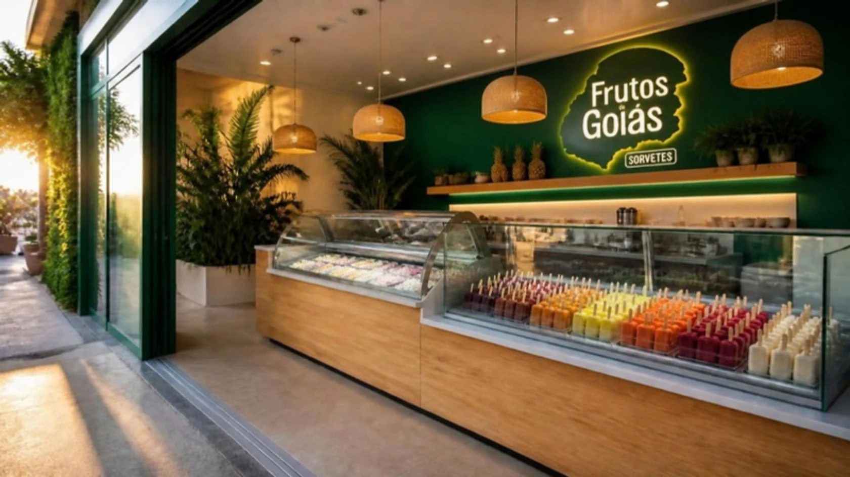 Imagem ilustrativa: Loja Convencional Frutos de Goiás, com letreiro luminoso da marca, balcão de madeira e vitrine de picolés de frutas