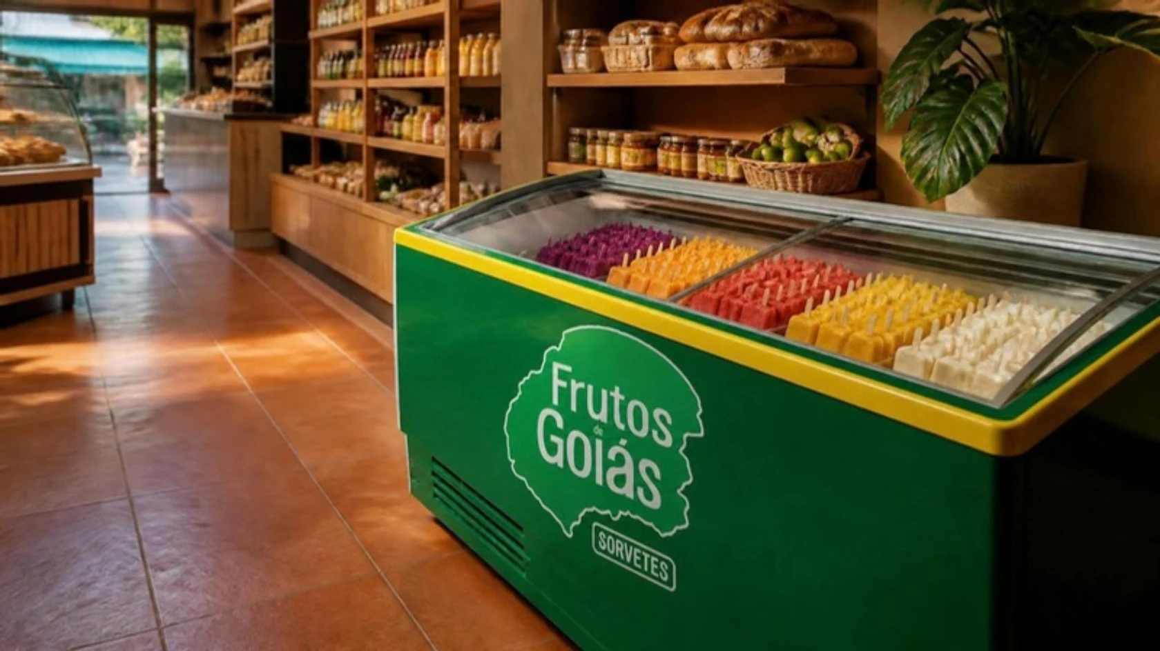 Imagem ilustrativa: freezer Frutos de Goiás com o logo da marca, instalado numa padaria de bairro
