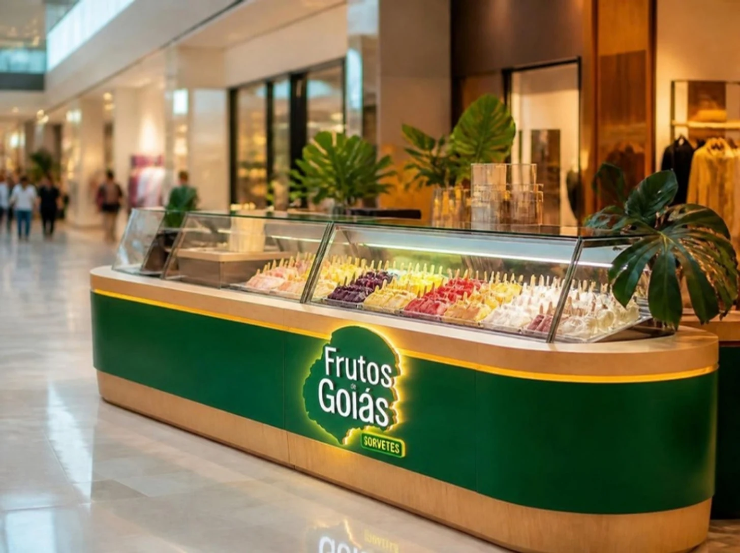 Imagem ilustrativa: Quiosque Frutos de Goiás no corredor de um shopping, com logo iluminado no balcão